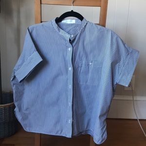 Everlane collarless striped button up